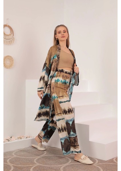 Saten Kumaş Batik Desen Kadın Kimono-Mavi fırsatları