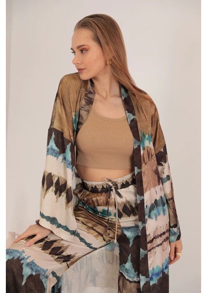 Saten Kumaş Batik Desen Kadın Kimono-Mavi indirimleri