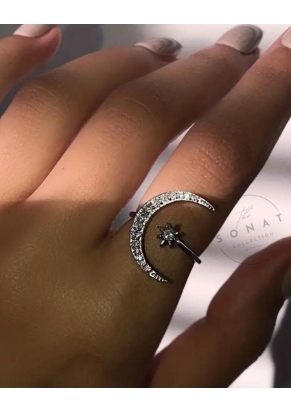 Trendy Cuff Yüzük Ay ve Yıldız Tasarımı Hilal Şeklinde Zirkon Taşlı Ayarlanabilir Yüzük