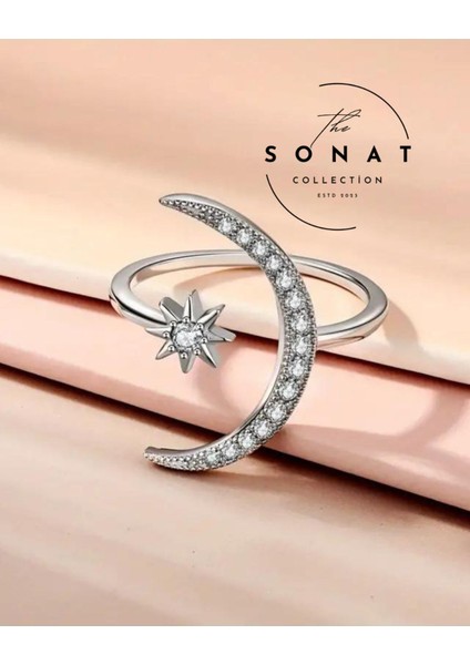 Trendy Cuff Yüzük Ay ve Yıldız Tasarımı Hilal Şeklinde Zirkon Taşlı Ayarlanabilir Yüzük