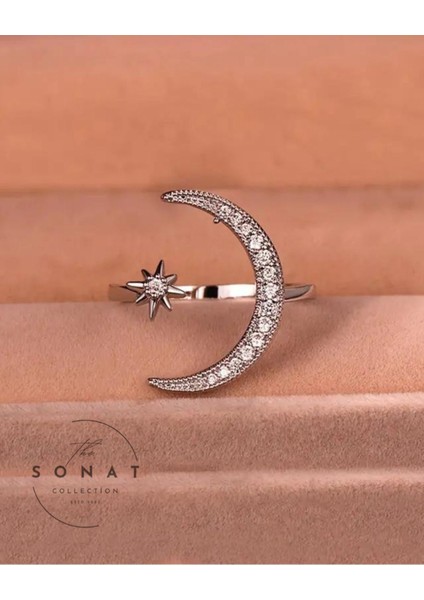 Trendy Cuff Yüzük Ay ve Yıldız Tasarımı Hilal Şeklinde Zirkon Taşlı Ayarlanabilir Yüzük