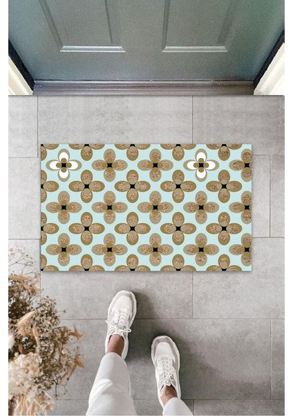 Turkuaz Kapı Önü Paspası Çiçek Desen K-3259