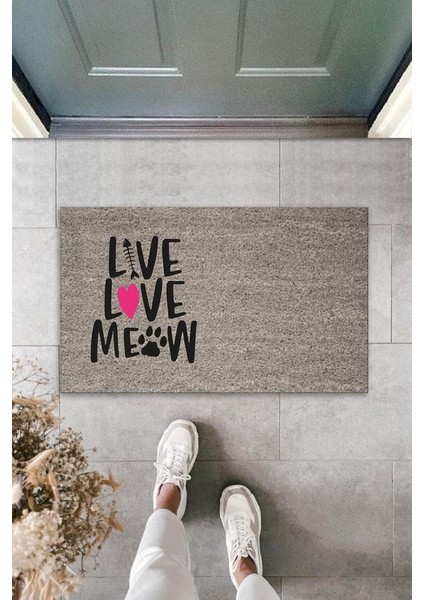 Dijital Baskı Gri Pembe Kalpli Kılçıklı Love Meow Dekoratif Kapı Paspası K-2047