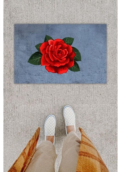 Dijital Baskı Dekoratif Gül Antrasit Kapı Önü Paspası K-1295