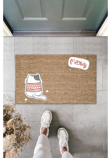 Dijital Baskı Kahverengi Meowy Yazılı Arkasını Dönmüş Kazaklı Kedi Kapı Paspası K-2060