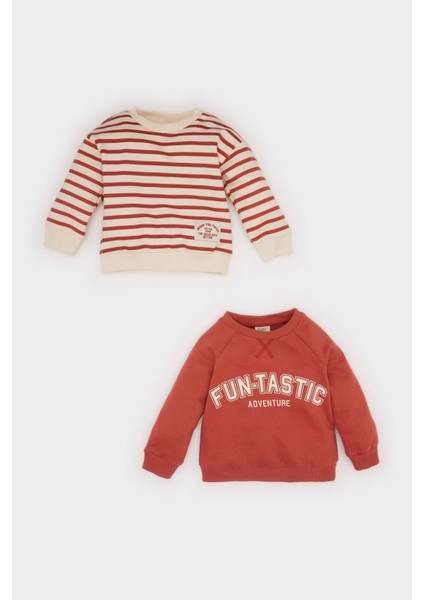 Erkek Bebek Bisiklet Yaka Baskılı İçi Yumuşak Tüylü 2'li Sweatshirt D5782A524WN
