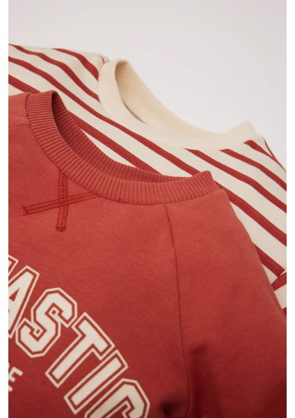 Erkek Bebek Bisiklet Yaka Baskılı İçi Yumuşak Tüylü 2'li Sweatshirt D5782A524WN