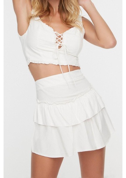 Kadın Moda Şık Geniş Paça Regular Boy Uzun Kollu Dokuma Fırfırlı Bluz Etek Takım