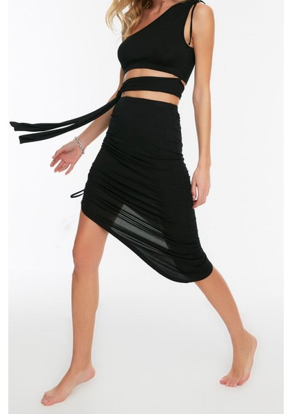 Kadın Moda Şık Dar Paça Regular Boy Vücuda Oturan Örme Cut Out Pencere Tek Omuz Bluz Etek Takım