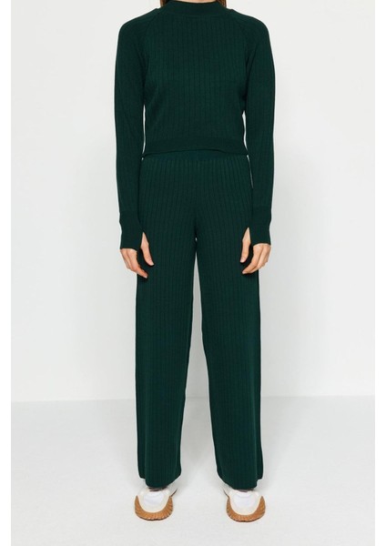 Kadın Moda Şık Boru Paça Crop Boy Uzun Kollu Crop Parmak Detaylı Triko Alt-Üst Takım