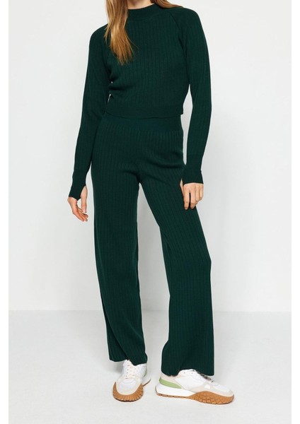 Kadın Moda Şık Boru Paça Crop Boy Uzun Kollu Crop Parmak Detaylı Triko Alt-Üst Takım fırsatları