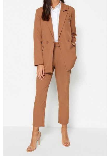 Kadın Moda Şık Boru Paça Regular Boy Uzun Kollu Blazer Ceket-Pantolon Dokuma Alt-Üst Takım