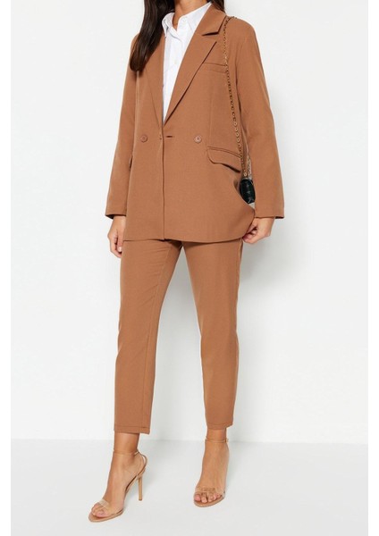 Kadın Moda Şık Boru Paça Regular Boy Uzun Kollu Blazer Ceket-Pantolon Dokuma Alt-Üst Takım modelleri