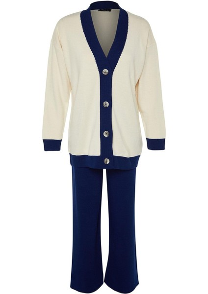 Kadın Moda Şık Geniş Paça Regular Boy Uzun Kollu Şerit Detaylı Hırka-Pantolon Triko Takım