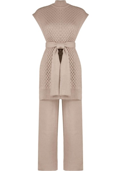 Kadın Moda Şık Geniş Paça Kolsuz Kuşaklı Pirinç Örgü Süveter-Pantolon Triko Alt-Üst Takım