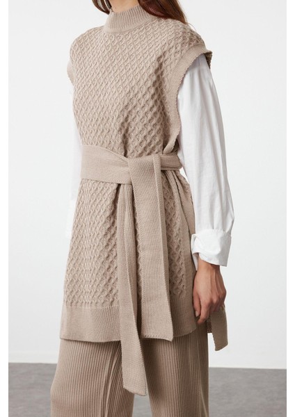 Kadın Moda Şık Geniş Paça Kolsuz Kuşaklı Pirinç Örgü Süveter-Pantolon Triko Alt-Üst Takım fırsatları