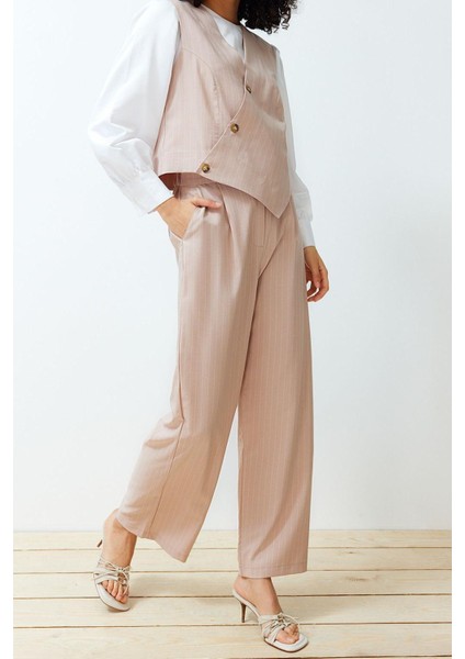 Kadın Moda Şık Geniş Paça Uzun Kollu Kruvaze Kapamalı Yelek Pantolon Dokuma Alt Üst Takım