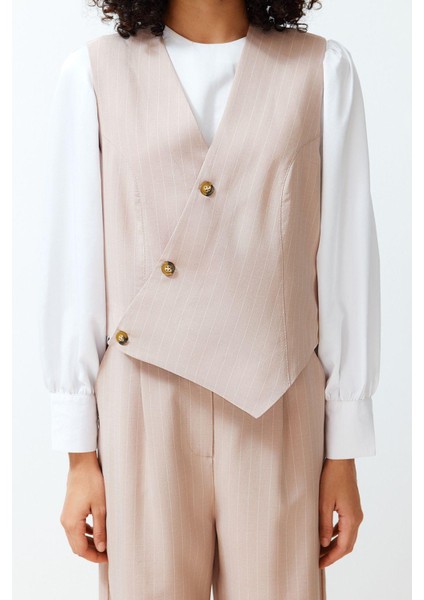 Kadın Moda Şık Geniş Paça Uzun Kollu Kruvaze Kapamalı Yelek Pantolon Dokuma Alt Üst Takım