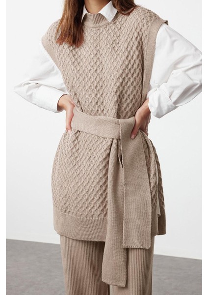 Kadın Moda Şık Geniş Paça Kolsuz Kuşaklı Pirinç Örgü Süveter-Pantolon Triko Alt-Üst Takım