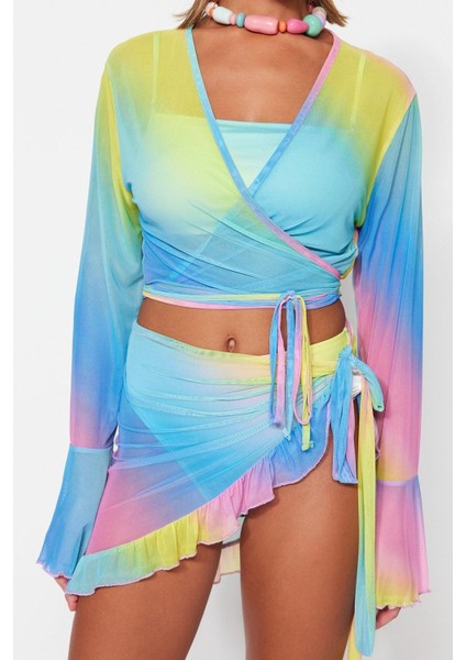 Kadın Moda Şık Regular Kısa Boy Degrade Desenli Vücuda Oturan Örme Bağlamalı Mesh Bluz Etek Takım