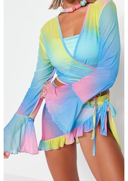 Kadın Moda Şık Regular Kısa Boy Degrade Desenli Vücuda Oturan Örme Bağlamalı Mesh Bluz Etek Takım