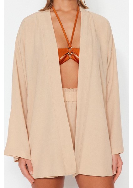 Kadın Moda Şık Regular Kısa Boy Uzun Kollu Dokuma Kimono Şort Takım