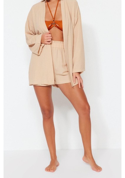 Kadın Moda Şık Regular Kısa Boy Uzun Kollu Dokuma Kimono Şort Takım