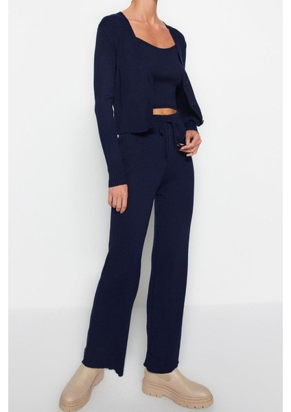 Kadın Moda Şık Geniş Paça Crop Boy Uzun Kollu Fitillli Bluz Hırka Pantolon Triko Alt-Üst Takım fiyatları