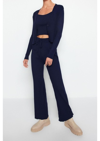 Kadın Moda Şık Geniş Paça Crop Boy Uzun Kollu Fitillli Bluz Hırka Pantolon Triko Alt-Üst Takım modelleri