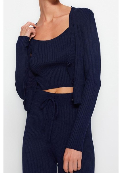 Kadın Moda Şık Geniş Paça Crop Boy Uzun Kollu Fitillli Bluz Hırka Pantolon Triko Alt-Üst Takım fırsatları