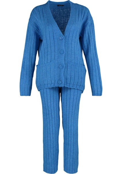 Kadın Moda Şık Geniş Paça Regular Boy Uzun Kollu Geniş Kalıp Yumuşak Dokulu Triko Alt-Üst Takım