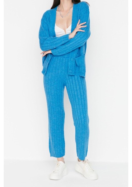 Kadın Moda Şık Geniş Paça Regular Boy Uzun Kollu Geniş Kalıp Yumuşak Dokulu Triko Alt-Üst Takım