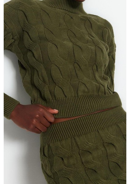Kadın Moda Şık Regular Boy Uzun Kollu Crop Dik Yaka Triko Alt-Üst Takım