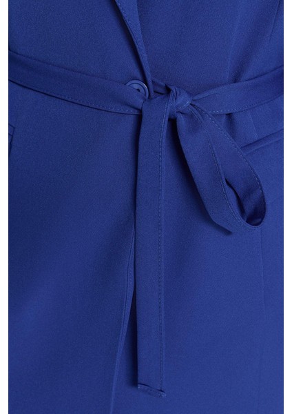Kadın Moda Şık Geniş Paça Bağlama Detaylı Astarlı Krep Ceket-Pantolon Dokuma Alt-Üst Takım