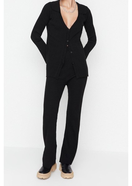Kadın Moda Şık Geniş Paça Regular Boy Uzun Kollu Basic Polo Yaka Triko Alt-Üst Takım