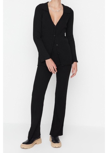 Kadın Moda Şık Geniş Paça Regular Boy Uzun Kollu Basic Polo Yaka Triko Alt-Üst Takım
