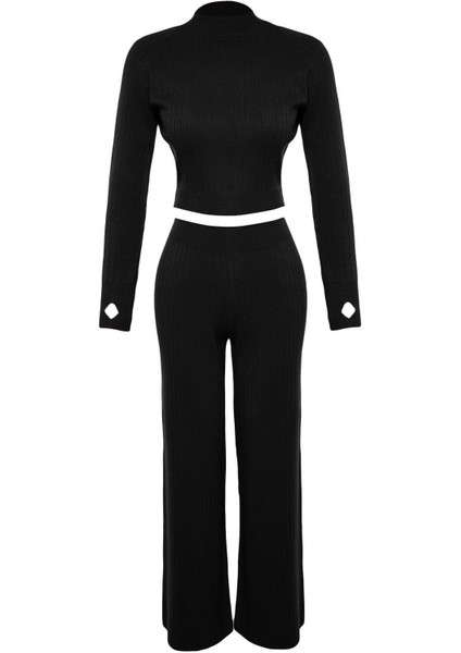 Kadın Moda Şık Boru Paça Crop Boy Uzun Kollu Crop Parmak Detaylı Triko Alt-Üst Takım