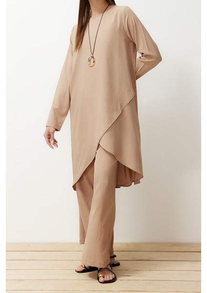 Kadın Moda Şık Boru Paça Uzun Boy Uzun Kollu Asimetrik Dokuma Tunik Pantolon Alt-Üst Takım