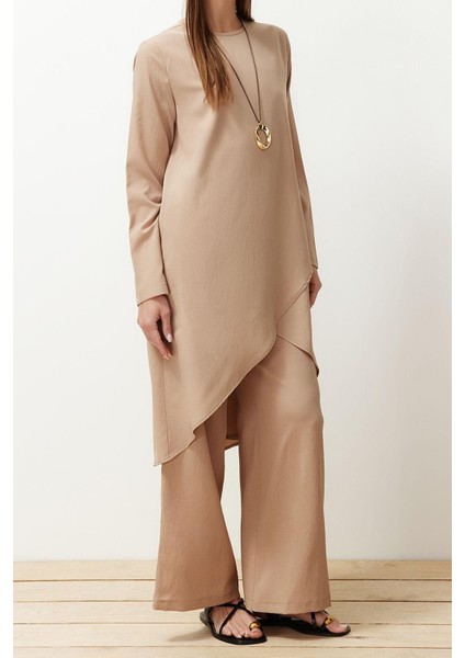 Kadın Moda Şık Boru Paça Uzun Boy Uzun Kollu Asimetrik Dokuma Tunik Pantolon Alt-Üst Takım