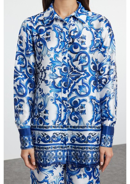 Kadın Moda Şık Regular Uzun Boy Uzun Kollu Desenli Saten Dokuma Alt-Üst Takım modelleri