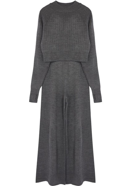 Kadın Moda Şık Boru Paça Crop Boy Uzun Kollu Crop Parmak Detaylı Triko Alt-Üst Takım