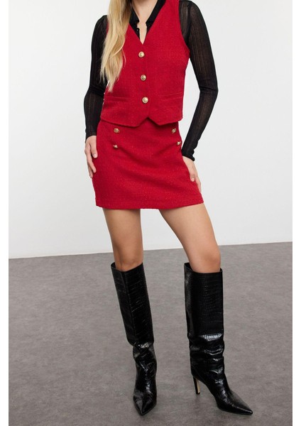 Kadın Moda Şık Regular Kısa Boy Uzun Kollu Düğme Detaylı Tüvit Kumaş Dokuma Yelek-Etek Takım