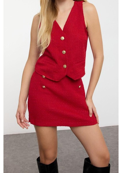 Kadın Moda Şık Regular Kısa Boy Uzun Kollu Düğme Detaylı Tüvit Kumaş Dokuma Yelek-Etek Takım fiyatları