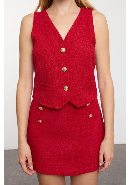 Kadın Moda Şık Regular Kısa Boy Uzun Kollu Düğme Detaylı Tüvit Kumaş Dokuma Yelek-Etek Takım modelleri