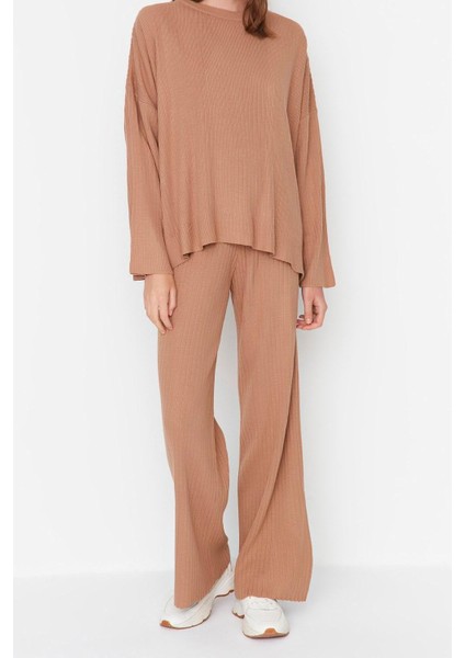 Kadın Moda Şık Boru Paça Regular Boy Uzun Kollu Basic Bisiklet Yaka Triko Alt-Üst Takım