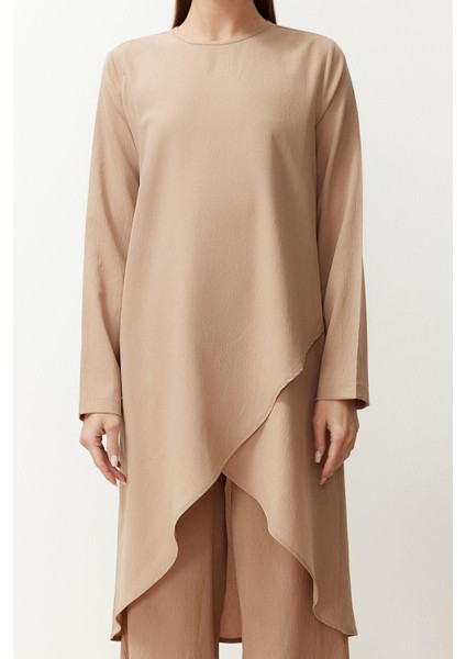 Kadın Moda Şık Boru Paça Uzun Boy Uzun Kollu Asimetrik Dokuma Tunik Pantolon Alt-Üst Takım
