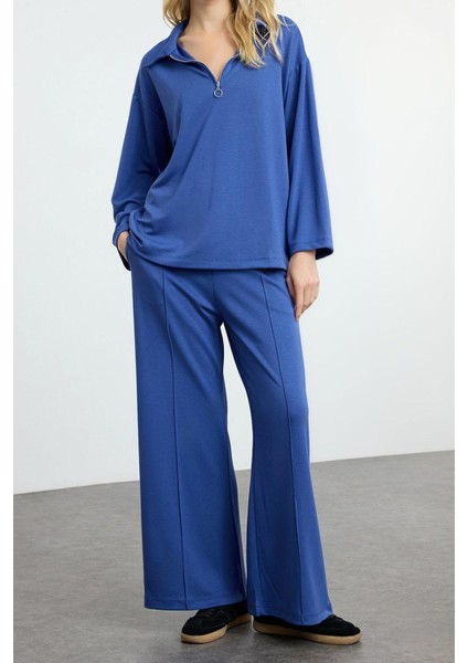 Kadın Moda Şık Regular Boy Oversize Geniş Kalıp Yumuşak Kumaşlı Polo Yaka Örme Alt-Üst Takım