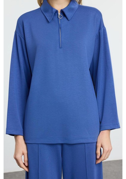 Kadın Moda Şık Regular Boy Oversize Geniş Kalıp Yumuşak Kumaşlı Polo Yaka Örme Alt-Üst Takım modelleri