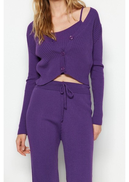 Kadın Moda Şık Geniş Paça Crop Boy Uzun Kollu Fitillli Bluz Hırka Pantolon Triko Alt-Üst Takım modelleri
