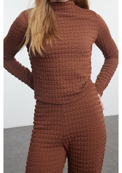 Kadın Moda Şık Boru Paça Uzun Boy Dokulu Fitted Vücuda Oturan Esnek Örme Alt-Üst Takım